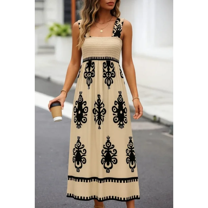 Kadın Askılı Kare Yaka Gipe Detaylı Desenli Suprem Elbise