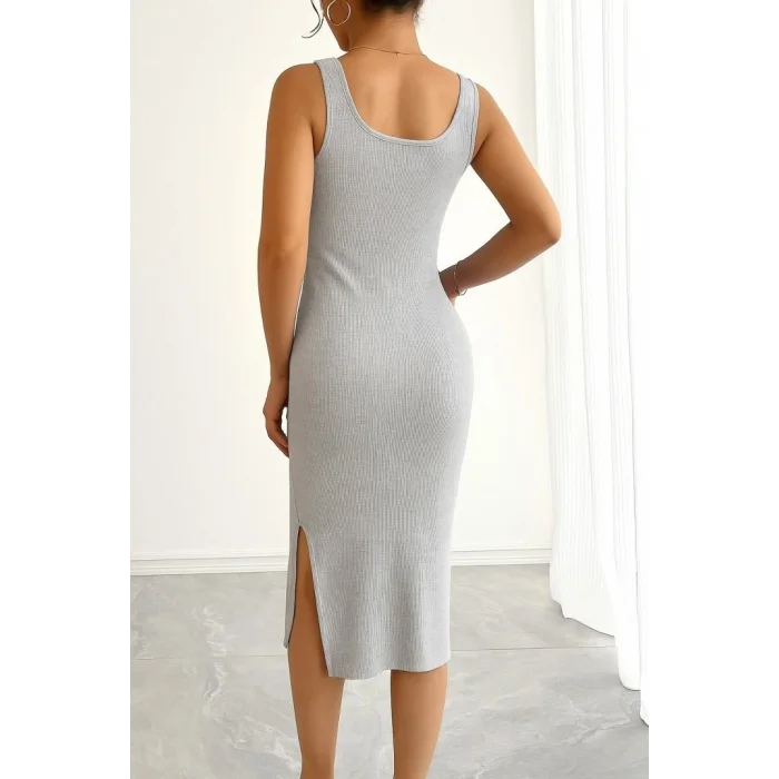 Kadın Askılı Kare Yaka Yandan Yırtmaçlı Midi Kaşkorse Elbise