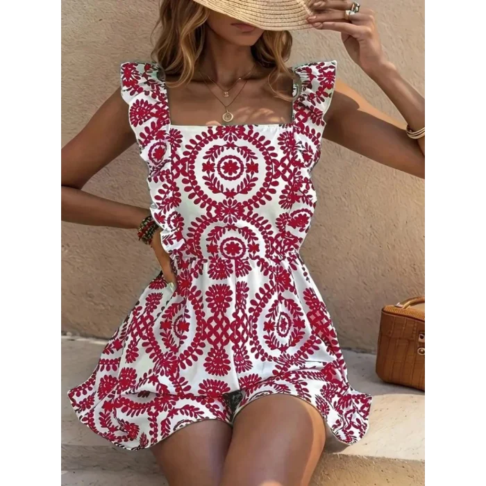 Kadın Askılı Kare Yakalı Arkadan Bağcıklı Desenli Keten Tulum