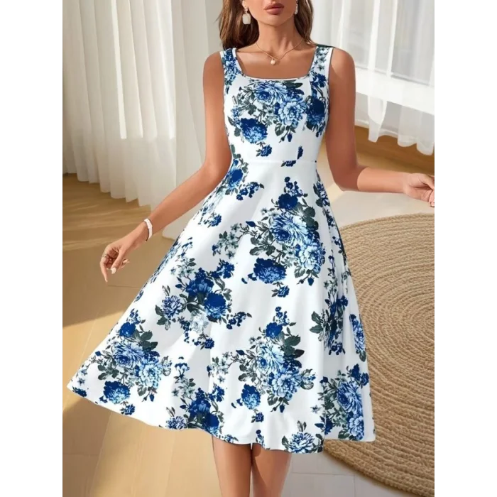 Kadın Askılı Kare Yakalı çiçek Desenli Midi Dalgıç Elbise