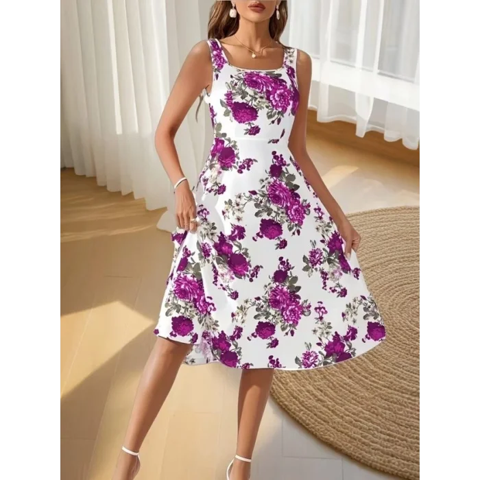 Kadın Askılı Kare Yakalı çiçek Desenli Midi Dalgıç Elbise