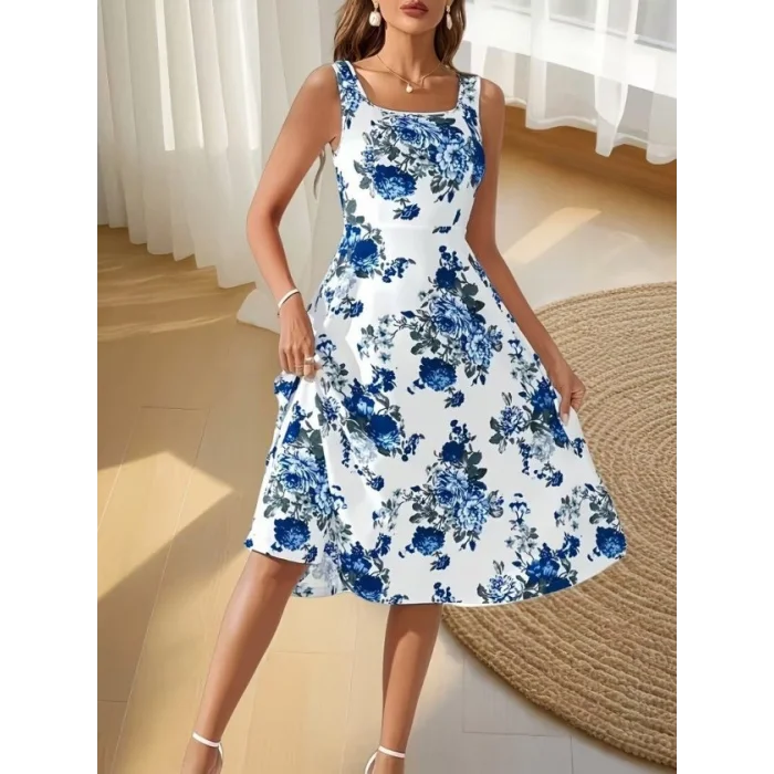 Kadın Askılı Kare Yakalı çiçek Desenli Midi Dalgıç Elbise