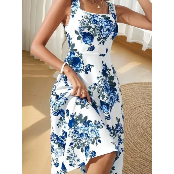 Kadın Askılı Kare Yakalı çiçek Desenli Midi Dalgıç Elbise