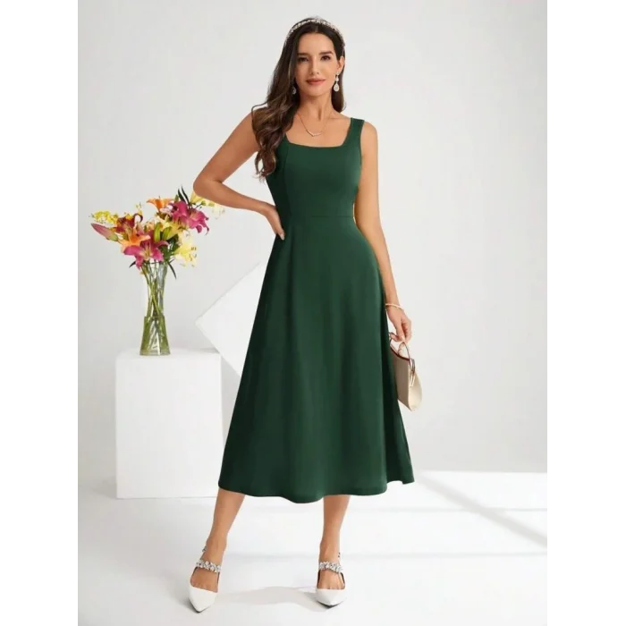 Kadın Askılı Kare Yakalı Midi Ithal Krep Elbise