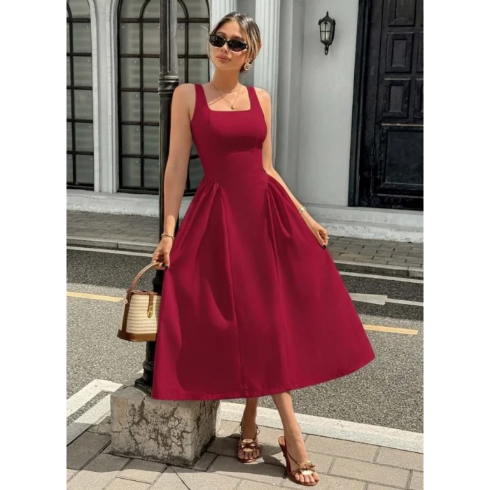 Kadın Askılı Kare Yakalı Uzun Ithal Krep Elbise