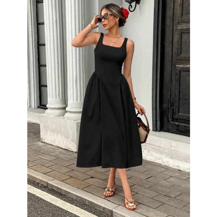 Kadın Askılı Kare Yakalı Uzun Ithal Krep Elbise