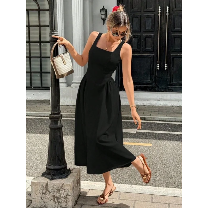 Kadın Askılı Kare Yakalı Uzun Ithal Krep Elbise