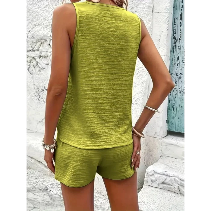 Kadın Askılı Kolsuz V Yakalı önden Düğmeli Bürümcük Bluz Ve Short Ikili Takım