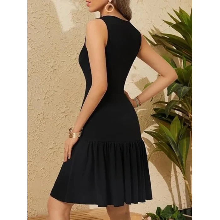 Kadın Askılı Kruvaze Yakalı Fırfırlı Janjan Krep Elbise