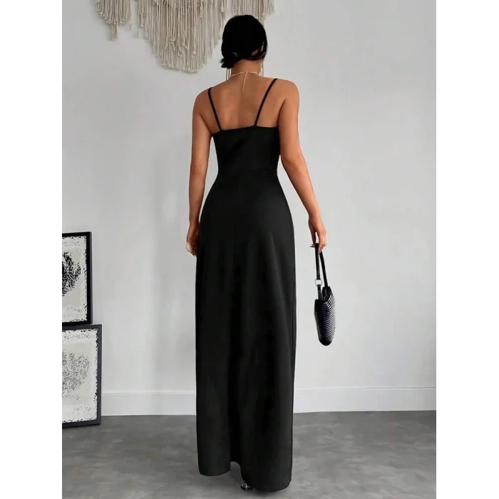 Kadın Askılı Kruvaze Yakalı Yırtmaçlı Krep Elbise