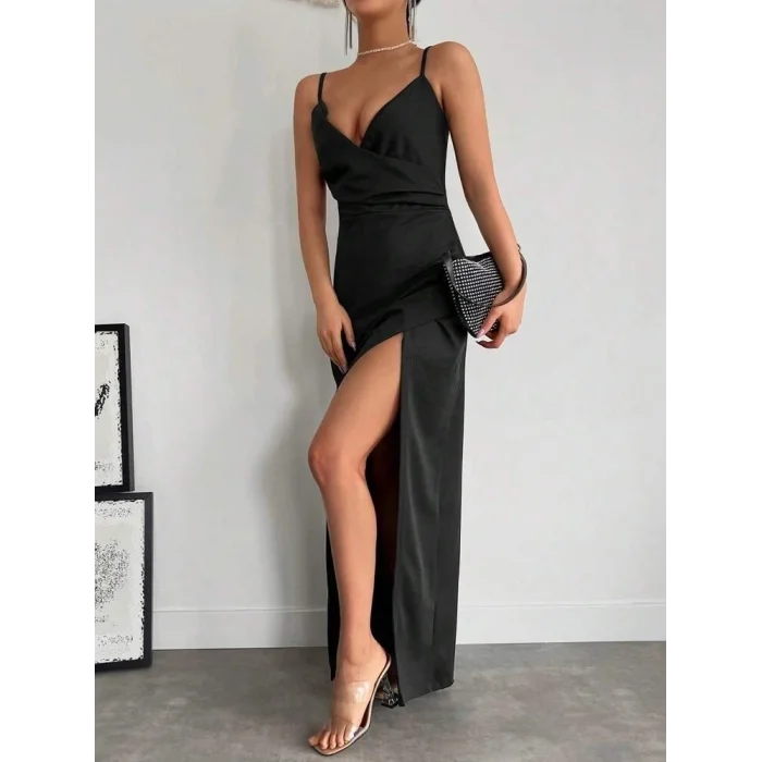 Kadın Askılı Kruvaze Yakalı Yırtmaçlı Krep Elbise