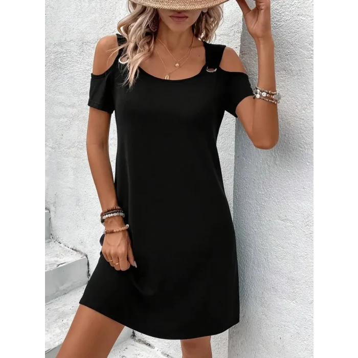 Kadın Askılı Omuzlardan Açık Kısa Kollu Kuş Gözü Detaylı Viskon Elbise