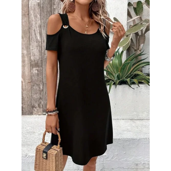 Kadın Askılı Omuzlardan Açık Kısa Kollu Kuş Gözü Detaylı Viskon Elbise