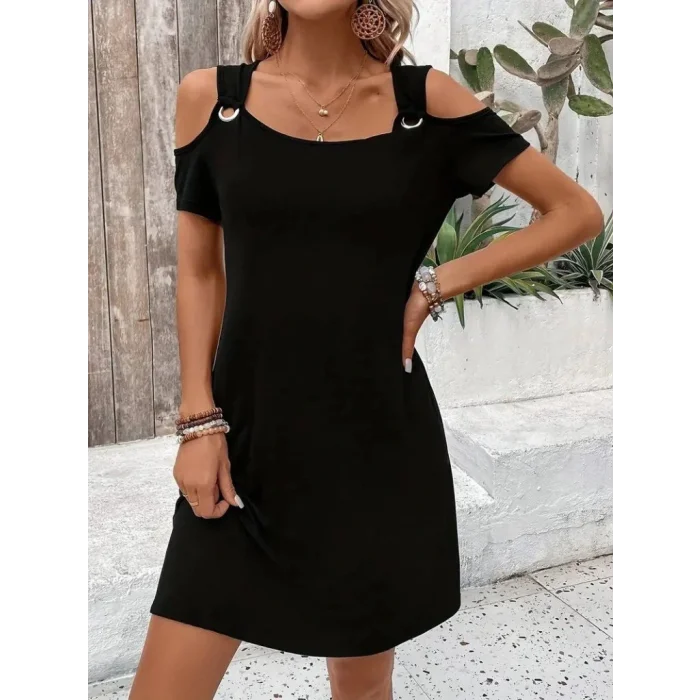 Kadın Askılı Omuzlardan Açık Kısa Kollu Kuş Gözü Detaylı Viskon Elbise