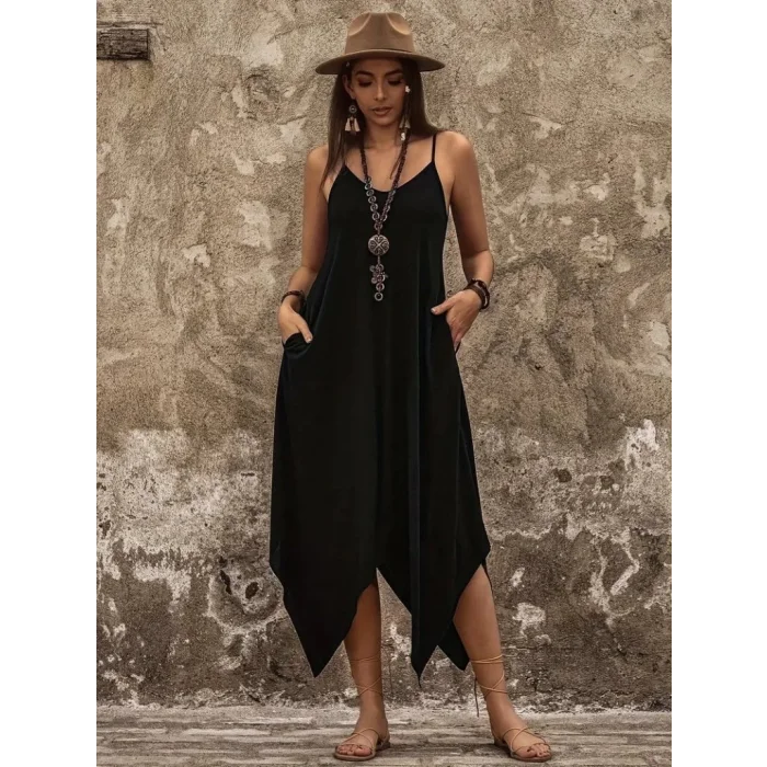 Kadın Askılı V Yakalı Cep Detaylı Asimetrik Kesim Detaylı Viskon Elbise