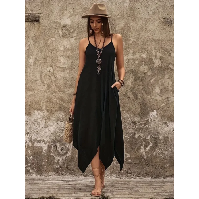 Kadın Askılı V Yakalı Cep Detaylı Asimetrik Kesim Detaylı Viskon Elbise