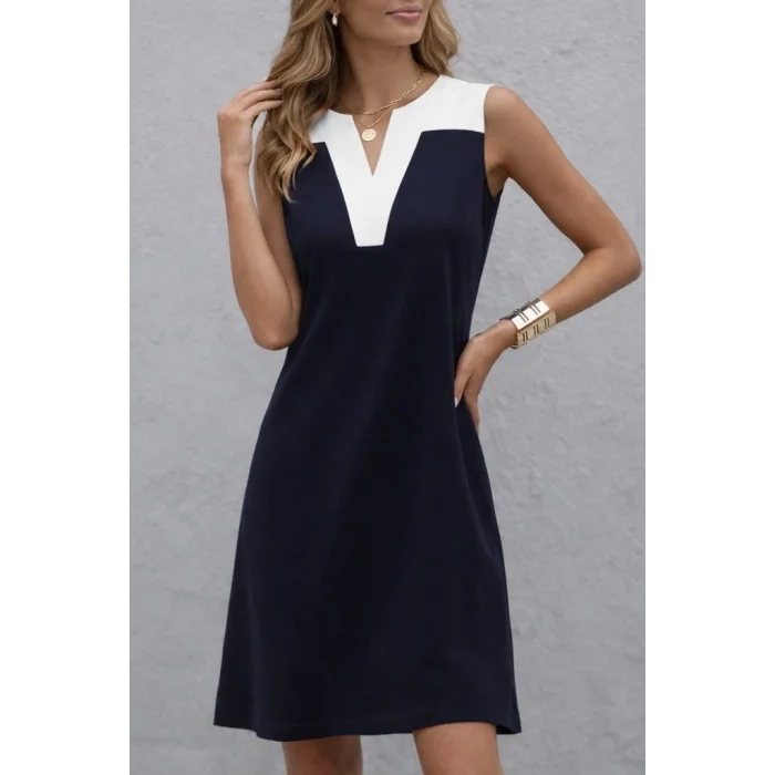 Kadın Askılı V Yakalı çift Renkli Kısa Viskon Iki Iplik Elbise