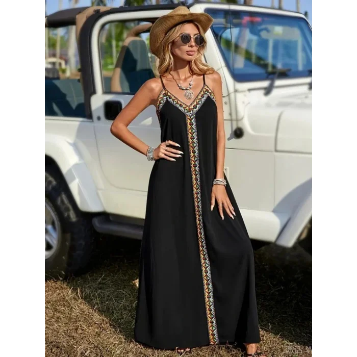 Kadın Askılı V Yakalı Etnik şerit Detaylı Uzun Viskon Elbise