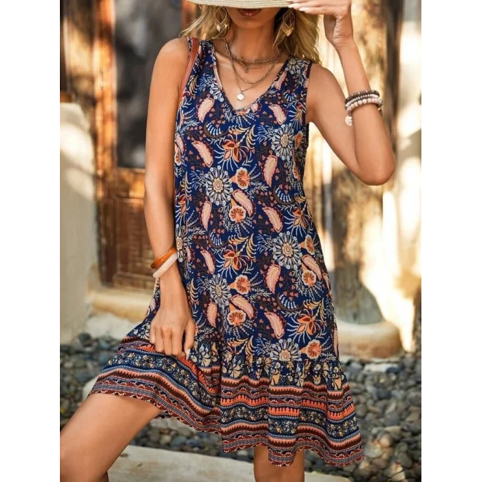 Kadın Askılı V Yakalı Fırfırlı Desenli Süprem Kısa Elbise