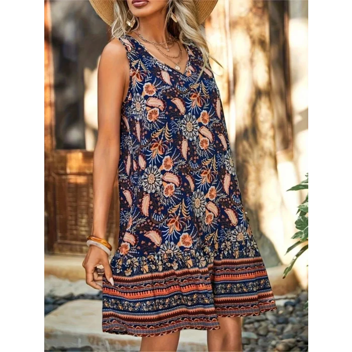 Kadın Askılı V Yakalı Fırfırlı Desenli Süprem Kısa Elbise