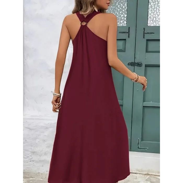 Kadın Askılı V Yakalı Halka Detaylı Maksi Boy Viskon Elbise