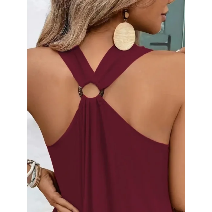 Kadın Askılı V Yakalı Halka Detaylı Maksi Boy Viskon Elbise