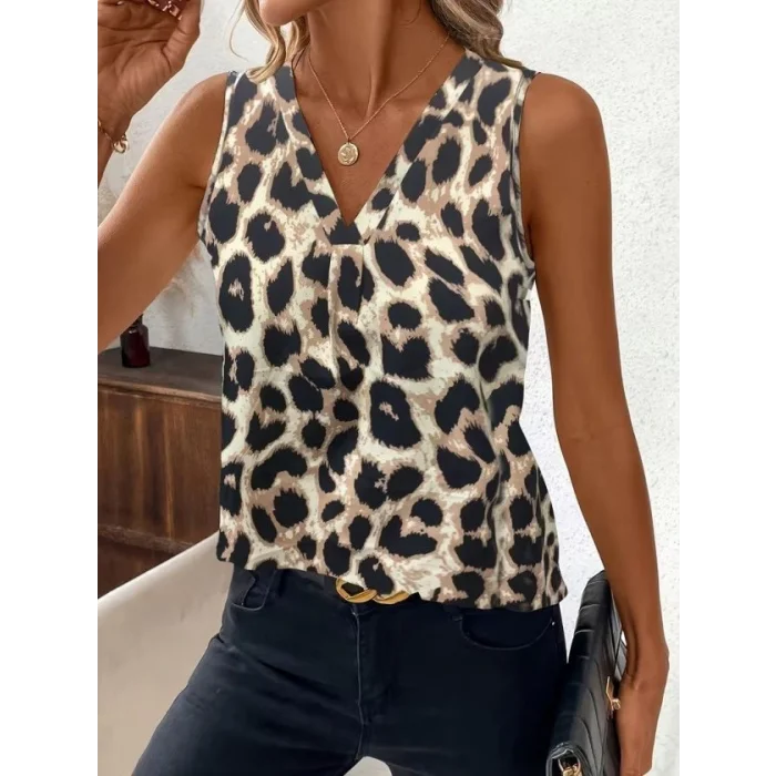 Kadın Askılı V Yakalı Leopar Desenli Süprem Bluz