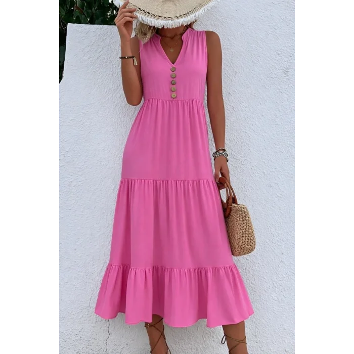 Kadın Askılı V Yakalı önden Düğmeli Midi Viskon Elbise