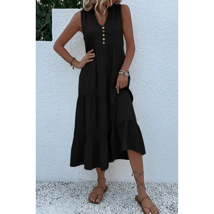 Kadın Askılı V Yakalı önden Düğmeli Midi Viskon Elbise