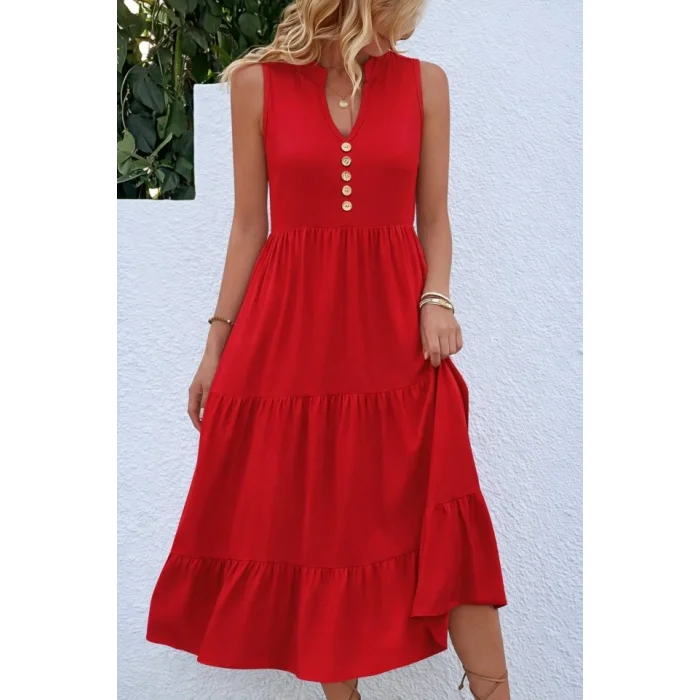 Kadın Askılı V Yakalı önden Düğmeli Midi Viskon Elbise