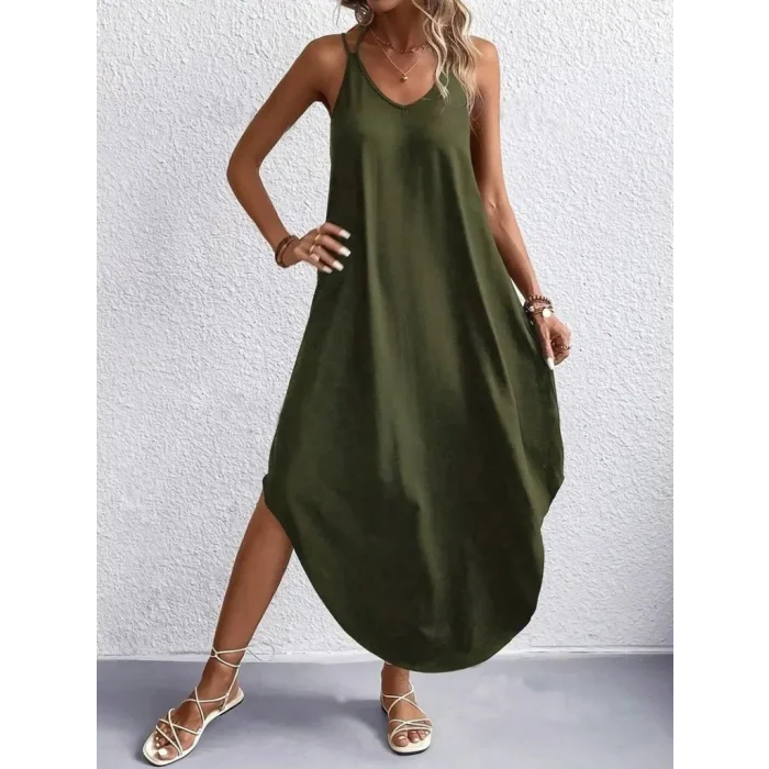 Kadın Askılı V Yakalı Uzun Viskon Elbise