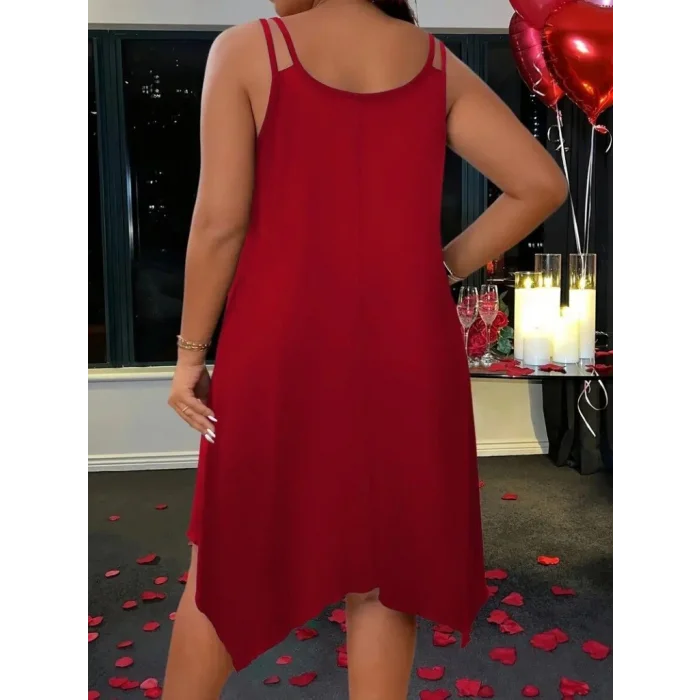 Kadın Askılı Yuvarlak Asimetrik Kesim Detaylı Viskon Elbise