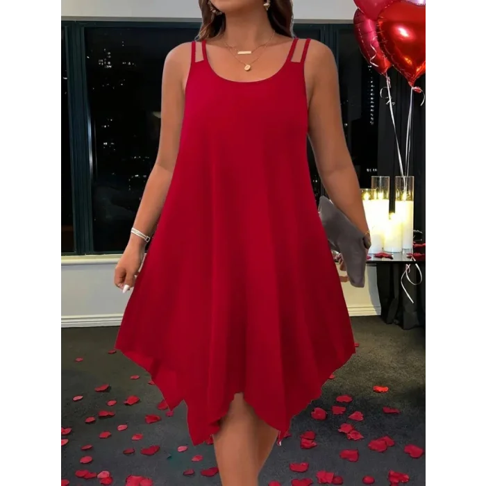 Kadın Askılı Yuvarlak Asimetrik Kesim Detaylı Viskon Elbise