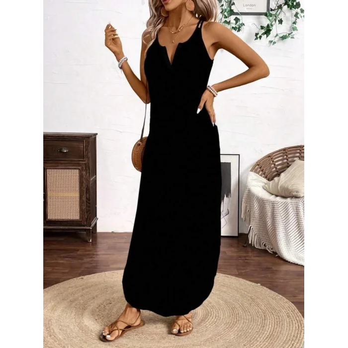 Kadın Askılı Yuvarlak Yaka Asimetrik Detaylı Viskon Elbise