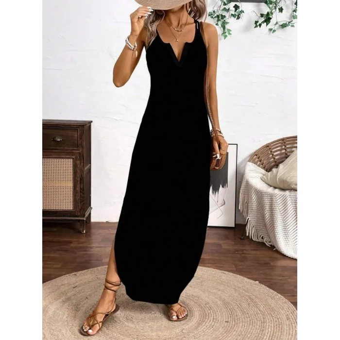 Kadın Askılı Yuvarlak Yaka Asimetrik Detaylı Viskon Elbise