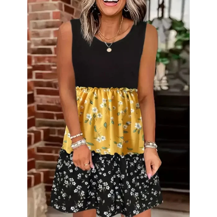 Kadın Askılı Yuvarlak Yaka çiçek Baskılı Salaş Süprem Elbise