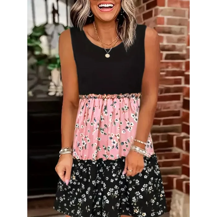 Kadın Askılı Yuvarlak Yaka çiçek Baskılı Salaş Süprem Elbise