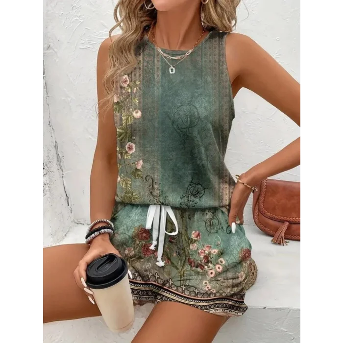 Kadın Askılı Yuvarlak Yaka çiçek Baskılı Süprme Bluz Ve Short Ikili Takım