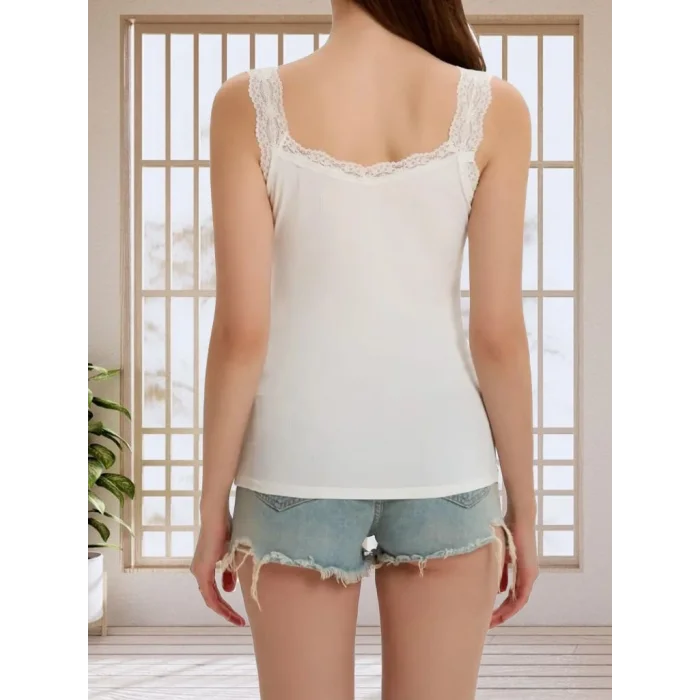 Kadın Askılı Yuvarlak Yaka Dantel Detay Kaşkorse Bluz