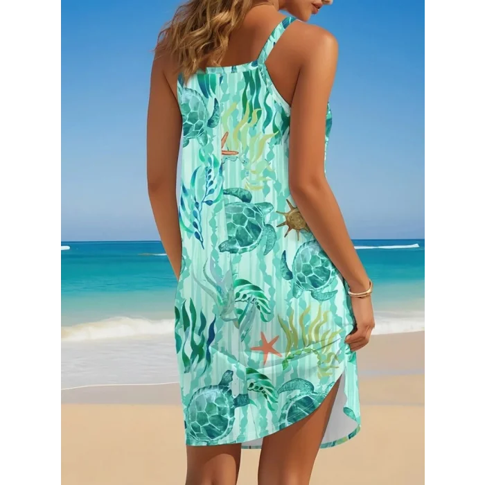 Kadın Askılı Yuvarlak Yaka Kaplumbağa Desenli Süprem Elbise