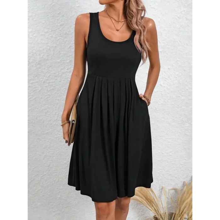 Kadın Askılı Yuvarlak Yaka önden Pileli Viskon Elbise