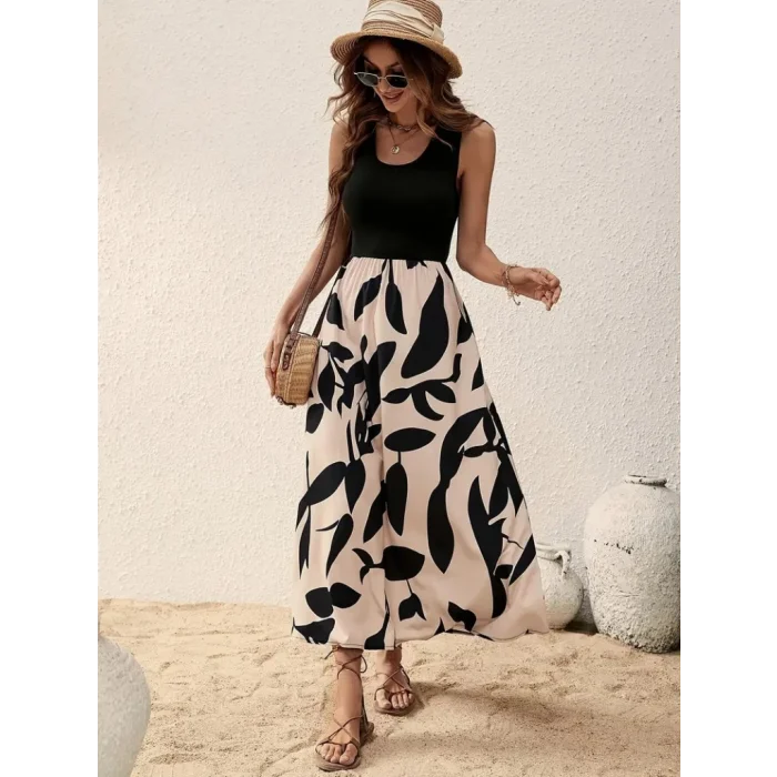 Kadın Askılı Yuvarlak Yaka üst Viskon Alt Desenli Uzun Süprem Elbise