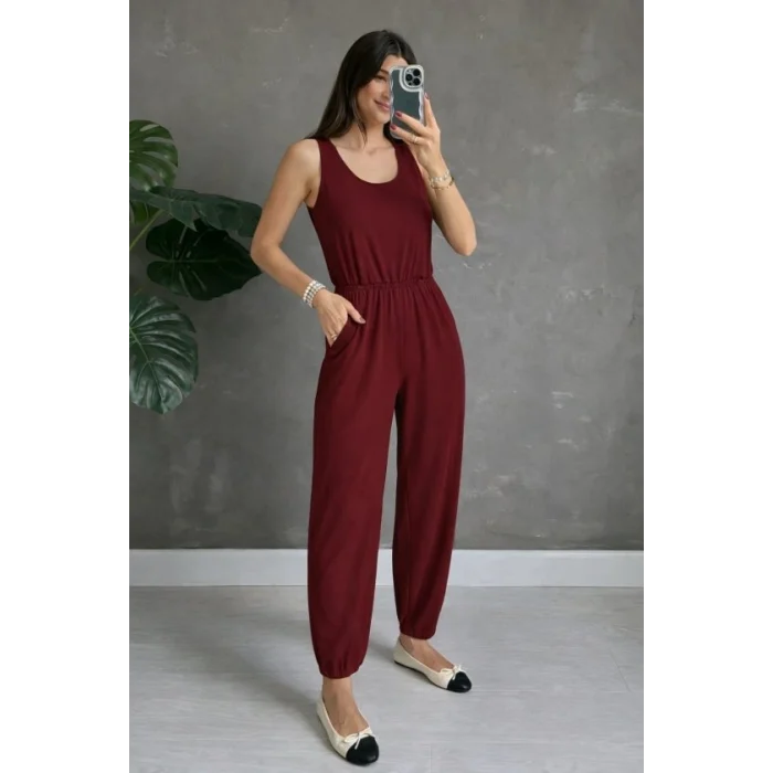 Kadın Askılı Yuvarlak Yakalı Cepli Viskon Tulum