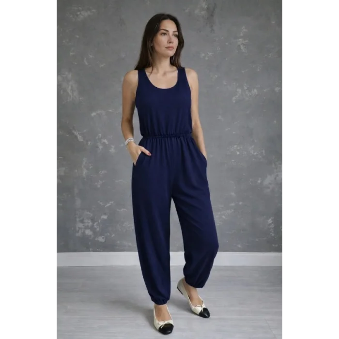 Kadın Askılı Yuvarlak Yakalı Cepli Viskon Tulum