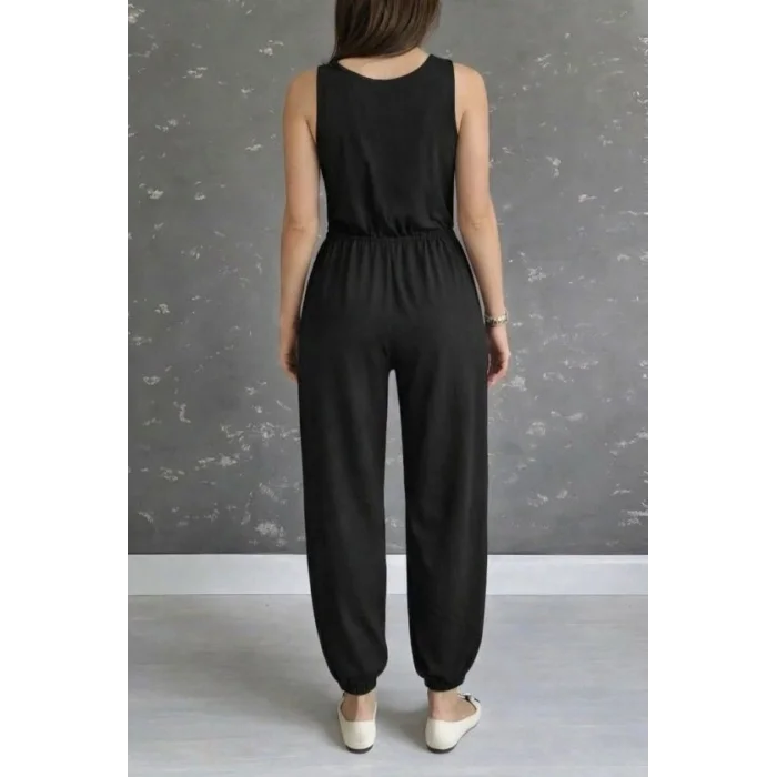 Kadın Askılı Yuvarlak Yakalı Cepli Viskon Tulum