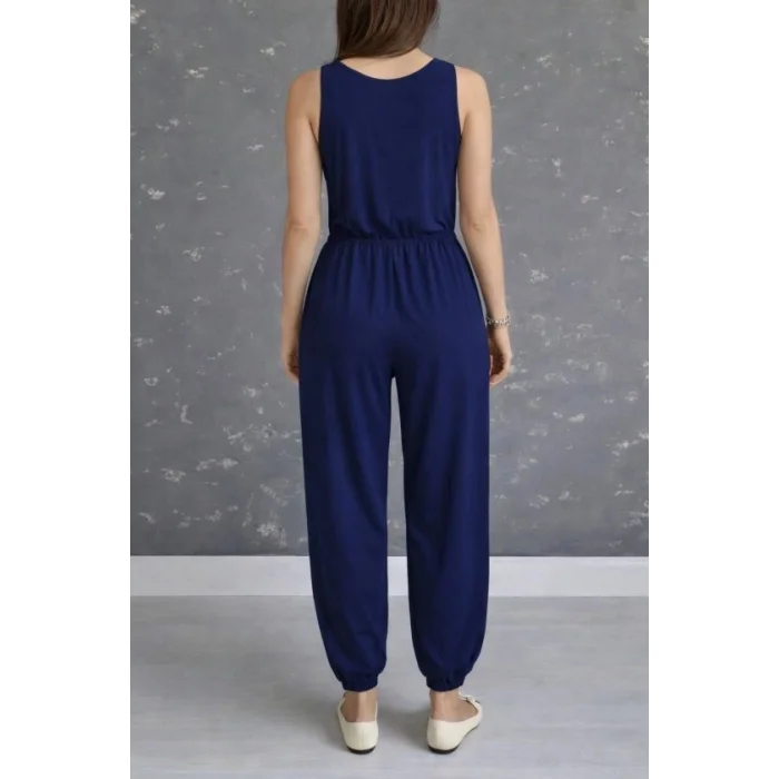 Kadın Askılı Yuvarlak Yakalı Cepli Viskon Tulum