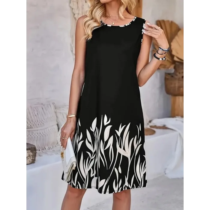 Kadın Askılı Yuvarlak Yakalı Yaprak Desenli Dalgıç Elbise