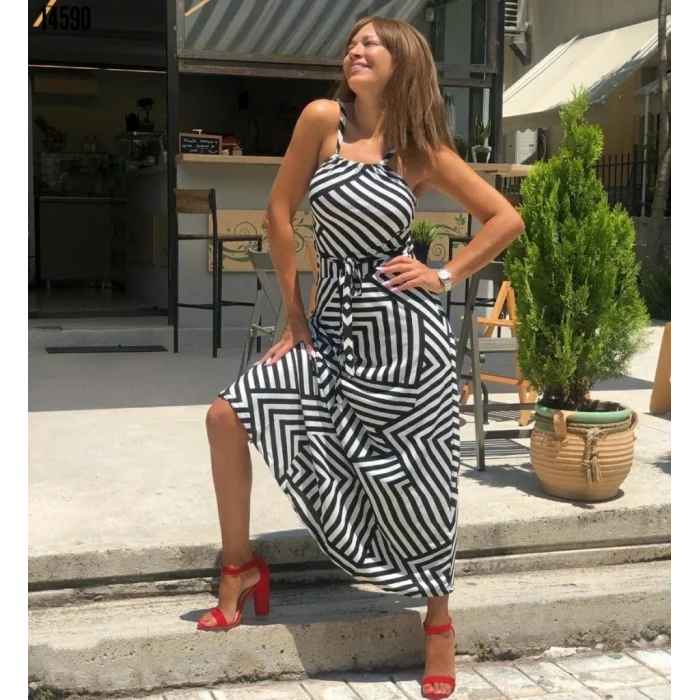 Kadın Ayarlanabilir Askılı Geometrik Desen Kuşaklı Gipeli Süprem Elbise