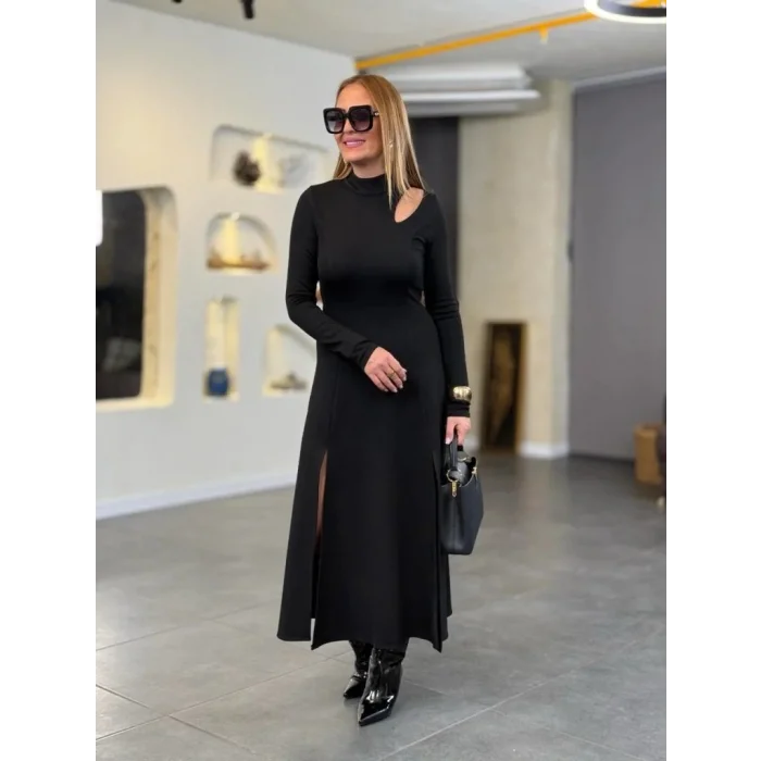 Kadın Balıkçı Yaka Damla Detaylı Yırtmaçlı Uzun Viskon Iki Iplik Maxi Elbise