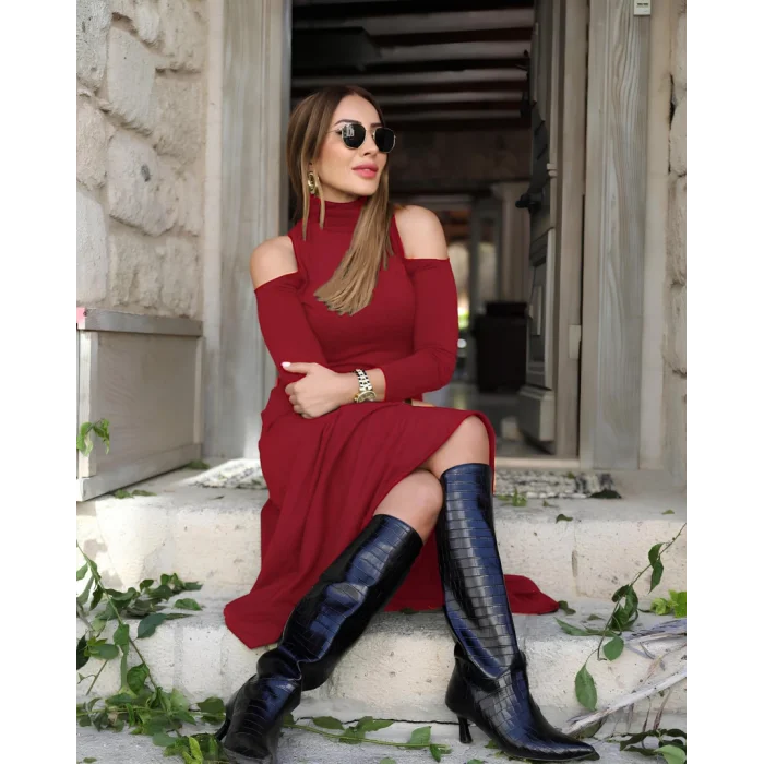 Kadın Balıkçı Yaka Omuzlardan Açık Uzun Kollu Janjan Krep Elbise